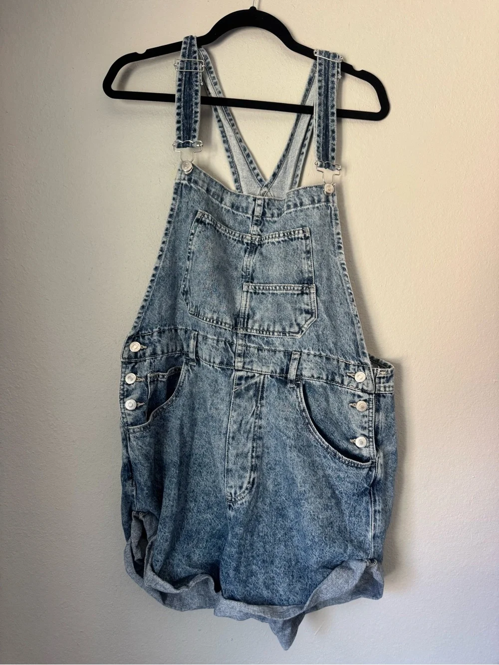 Free People Light Blue Acid Wash Denim Short Overalls